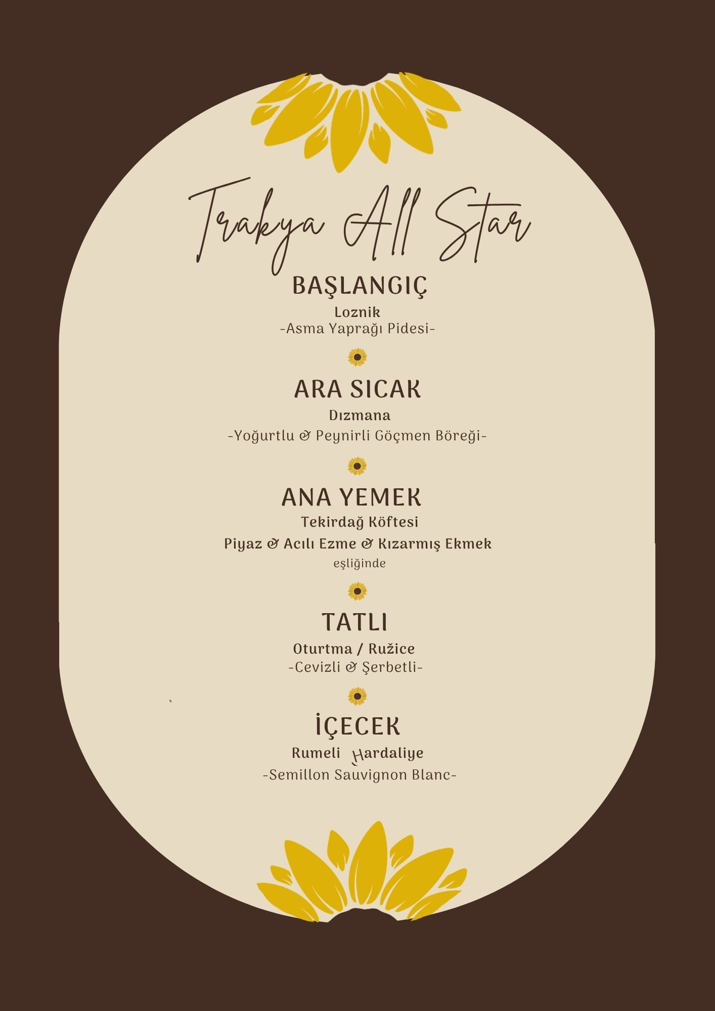 Trakya All Star menü kartı